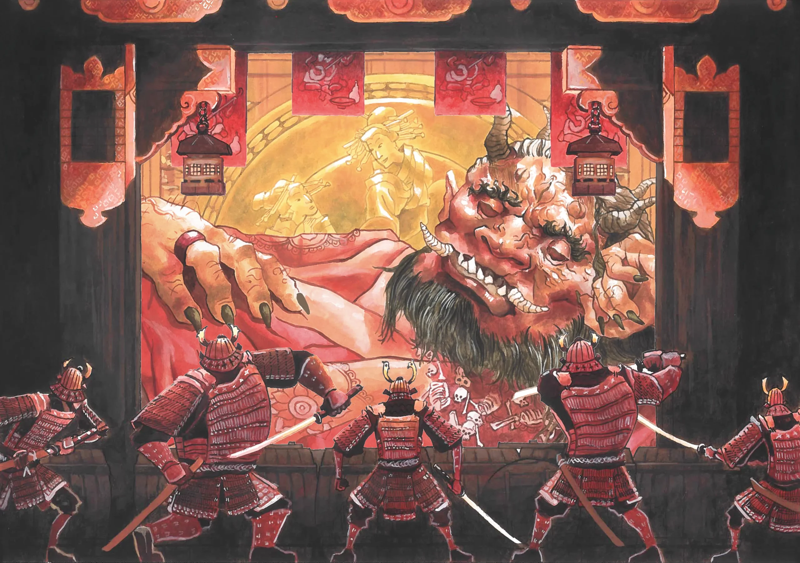 Illustration of the Shuten Doji legend for a pop up book project.